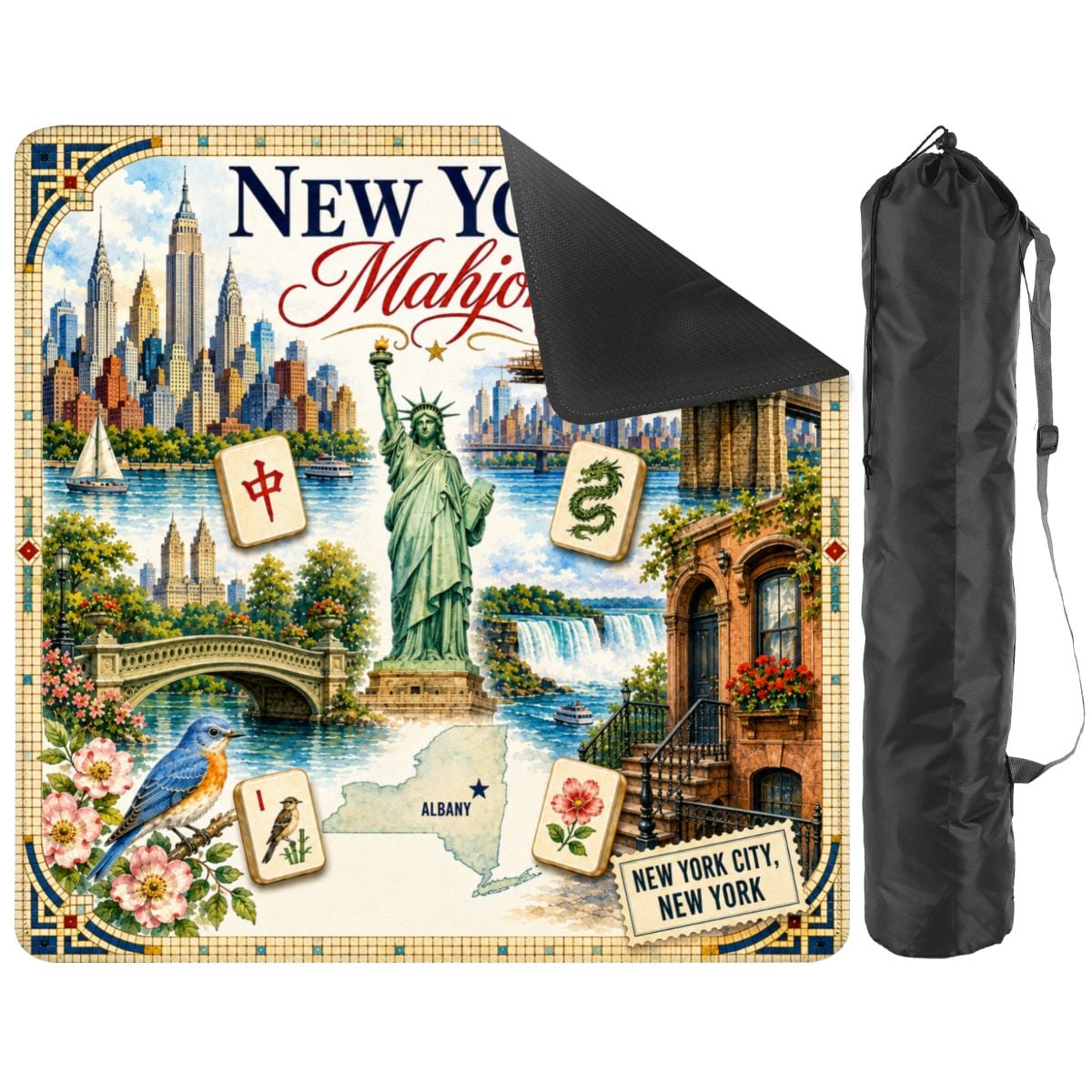 New York Mahjong Mat with Carrying Bag, Non Slip Mahjong Mat,NYC Skyline Game Accessory, Gift for Mahjong lovers 31.5"x31.5"(Ship Rolled up)