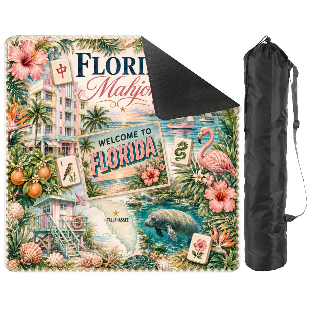 Florida Mahjong Mat with Carrying Bag,Non Slip Mahjong Mat, Tropical State, Gift for Mahjong Players 31.5"x31.5" (Ship Rolled up)