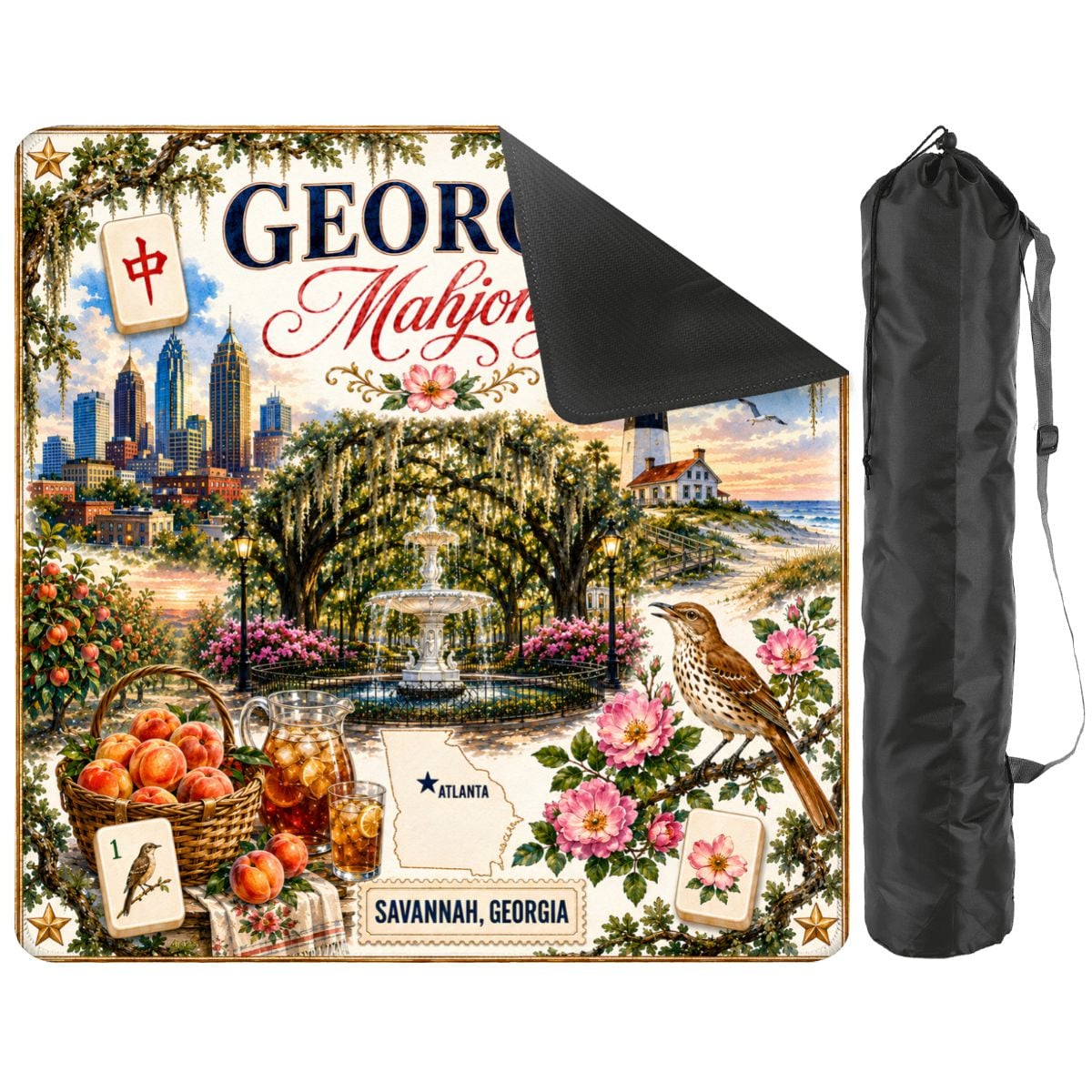Georgia Mahjong Mat,American Mahjong Mat, Savannah Atlanta Peach State Game Mat,Georgia Gift for Mahjong Lovers,31.5"x31.5" (Ship Rolled up)