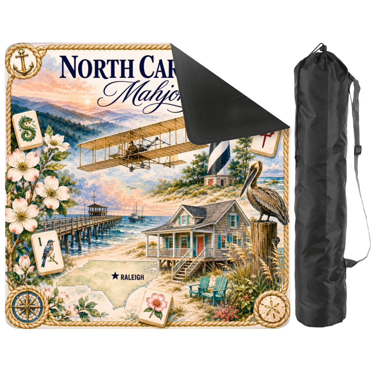 North Carolina Mahjong Mat with Carrying Bag, Non Slip Mahjong Mat,Southern State Gift for Players 31.5"x31.5" (Ship Rolled up)