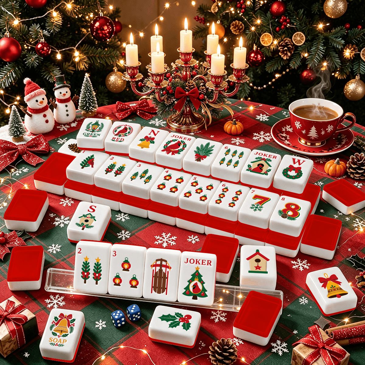 Christmas Cardinal Mahjong Tiles, Red Green American Mahjong Set, Holiday Mahjong Game Tiles, Festive Christmas Gift for Mahjong Lovers