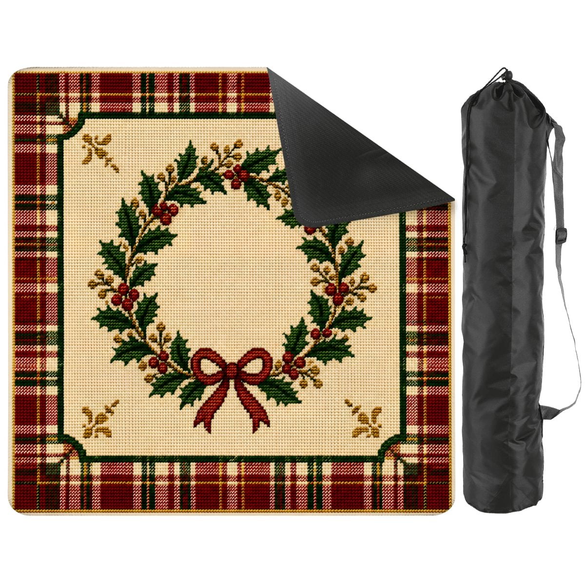 Christmas Mahjong Mat with Travel Bag, Plaid Holiday Wreath Table Mat,Mahjong Gift for Festive Game Nights 31.5"x31.5" (Ship Rolled up)