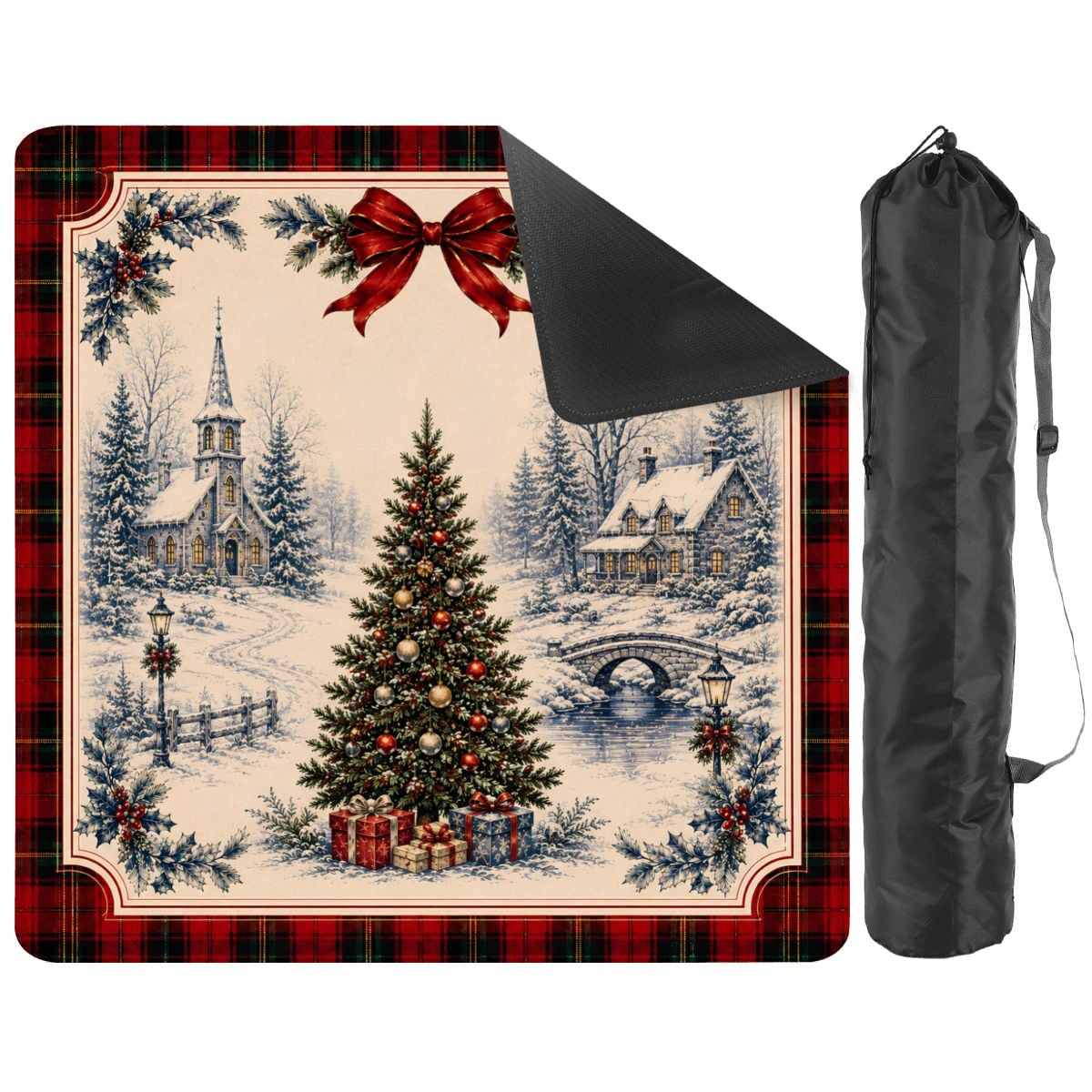 Christmas Mahjong Mat Winter Village Design with Carry Bag, Holiday Mahjong Mat,Festive Game Night Gift 31.5"x31.5" (Ship Rolled up)