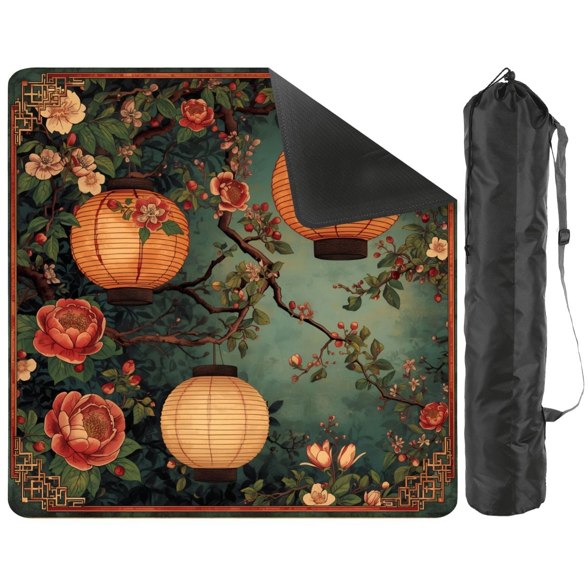 Vintage Lantern Floral Mahjong Mat, Non Slip Tile Game Mat with Carry Bag 31.5"x31.5" (Ship Rolled up)