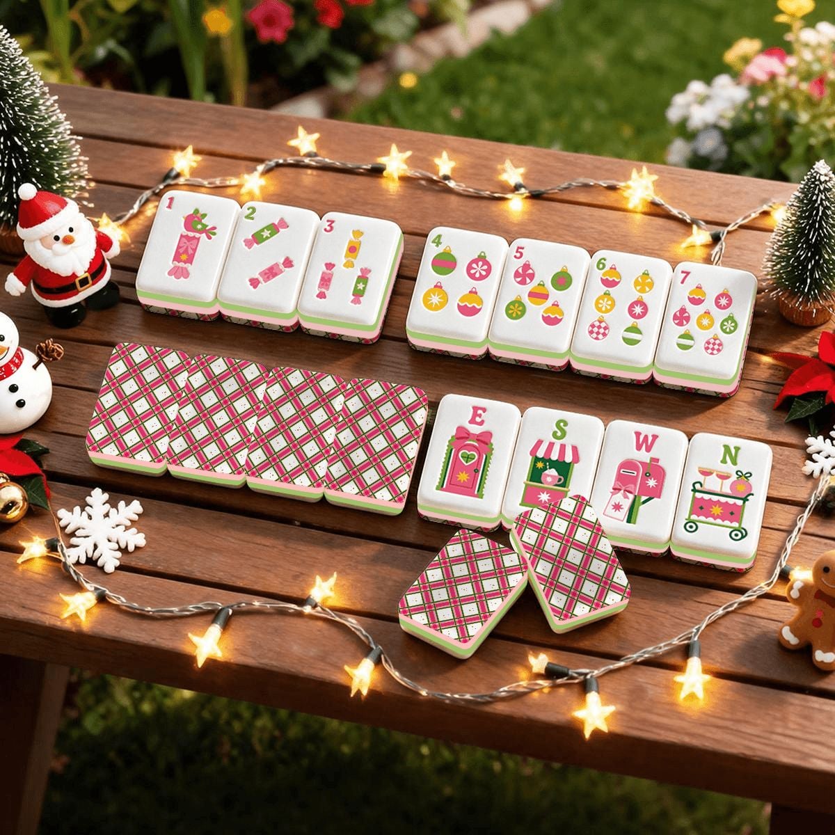 Preppy Christmas Mahjong Tiles Set, Pink Green Holiday Game Tiles, Festive Joker Tiles, Preppy Plaid Mahjong Gift for Game Night Friends